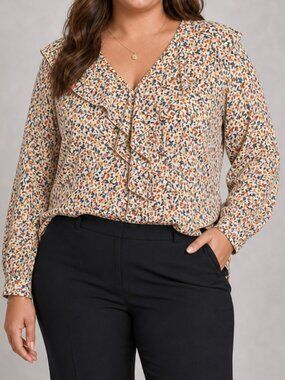 Democracy Plus Size Popover Feminine Floral Long Sleeve Peplum Blouse Top 2X
